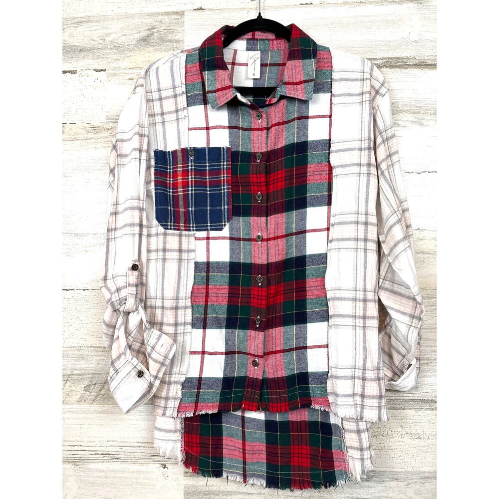 Needle & Thread Womens S Red Multi Plaid Oversized Boho Button Up Shirt Boho